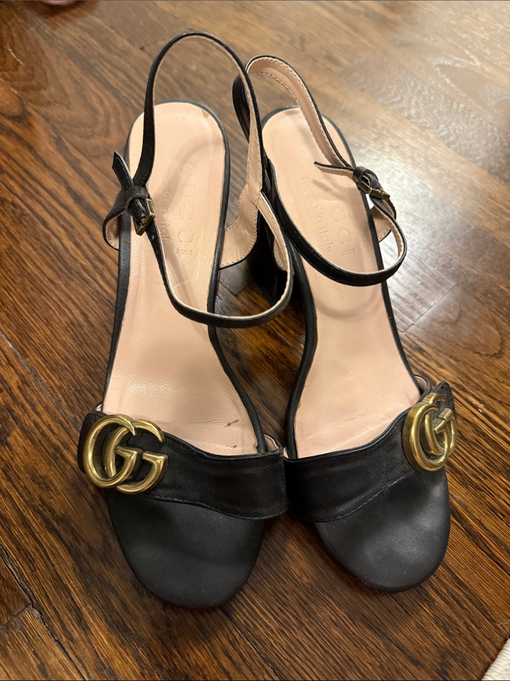 Gucci Black Leather Slingback Heels with Gold Double G